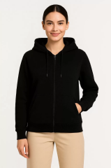 Kadın Üç İplik Kapüşonlu Tam Fermuarlı Kanguru Çepli SweatShirt Hoodie - Siyah