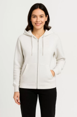 Kadın Üç İplik Kapüşonlu Tam Fermuarlı Kanguru Çepli SweatShirt Hoodie - Beyaz