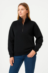 Kadın Üç İplik Dık Yaka Yarım Fermuarlı SweatShirt - Siyah