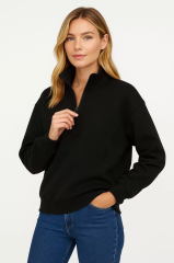 Kadın Üç İplik Dık Yaka Yarım Fermuarlı SweatShirt - Siyah