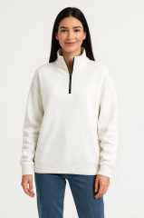 Kadın Üç İplik Dık Yaka Yarım Fermuarlı SweatShirt - Beyaz