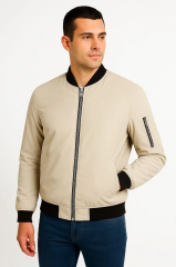 Erkek Bomber Mont Ceket – Fermuarlı, Kapitone İçi Astarlı, Su İtici Kumaş, Regular Fit, Uzun Kollu, Yandan Cepli, Bahar & Kış Rahat Günlük Stil - Bej
