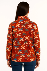 Kadın Tam Fermuarlı Desenli Polar Sweat – Siyah Multicolor Figür Desen Yakalı, Uzun Kollu, Oversize Rahat Kalıp - Kiremit