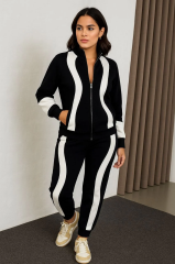 Kadın Premium Parçalı Eşofman Takım - Dik Yaka Fermuarlı Sweatshirt - Siyah