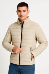 Erkek Bomber Mont Ceket – Su İtici Kumaş, Kapitone Astarlı, Fermuarlı, Kışlık - Bej