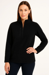 Kadın Polar Kazak – Dik Yaka, Yarım Fermuarlı, Fermuarlı Göğüs Cepli, Siyah Biyeli, Kışlık Rahat Regular Fit Günlük Model - Siyah