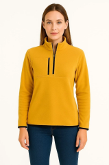 Kadın Polar Kazak – Dik Yaka, Yarım Fermuarlı, Fermuarlı Göğüs Cepli, Siyah Biyeli, Kışlık Rahat Regular Fit Günlük Model - Sarı