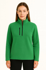 Kadın Polar Kazak – Dik Yaka, Yarım Fermuarlı, Fermuarlı Göğüs Cepli, Siyah Biyeli, Kışlık Rahat Regular Fit Günlük Model - Yeşil