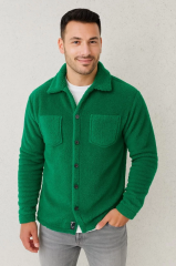 Erkek Pelüş Polar Hırka Gömlek – Yakalı, İlik Düğmeli, Göğüs Cepli, Yumuşak Dokulu Kışlık Regular Fit Rahat Günlük Model - Çimen Yeşili