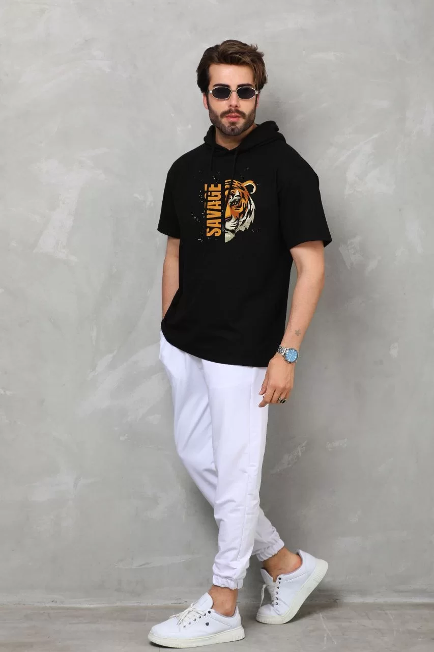 Unisex Kapşonlu Kısa Kol Oversize Baskılı T-Shirt - Siyah