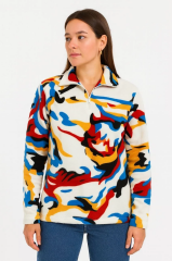 Kadın Yarım Fermuarlı Desenli Polar Sweat – Renkli Abstract Desen Yakalı, Uzun Kollu, Oversize Rahat Kalıp - Beyaz