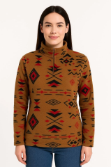 Kadın Yarım Fermuarlı Desenli Polar Sweat Tribal Etnik Desen Yakalı, Uzun Kollu, Oversize Rahat Kalıp - Kahverengi
