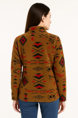 Kadın Yarım Fermuarlı Desenli Polar Sweat Tribal Etnik Desen Yakalı, Uzun Kollu, Oversize Rahat Kalıp - Kahverengi