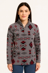 Kadın Yarım Fermuarlı Desenli Polar Sweat Tribal Etnik Desen Yakalı, Uzun Kollu, Oversize Rahat Kalıp - Füme