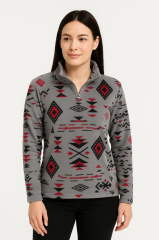Kadın Yarım Fermuarlı Desenli Polar Sweat Tribal Etnik Desen Yakalı, Uzun Kollu, Oversize Rahat Kalıp - Füme