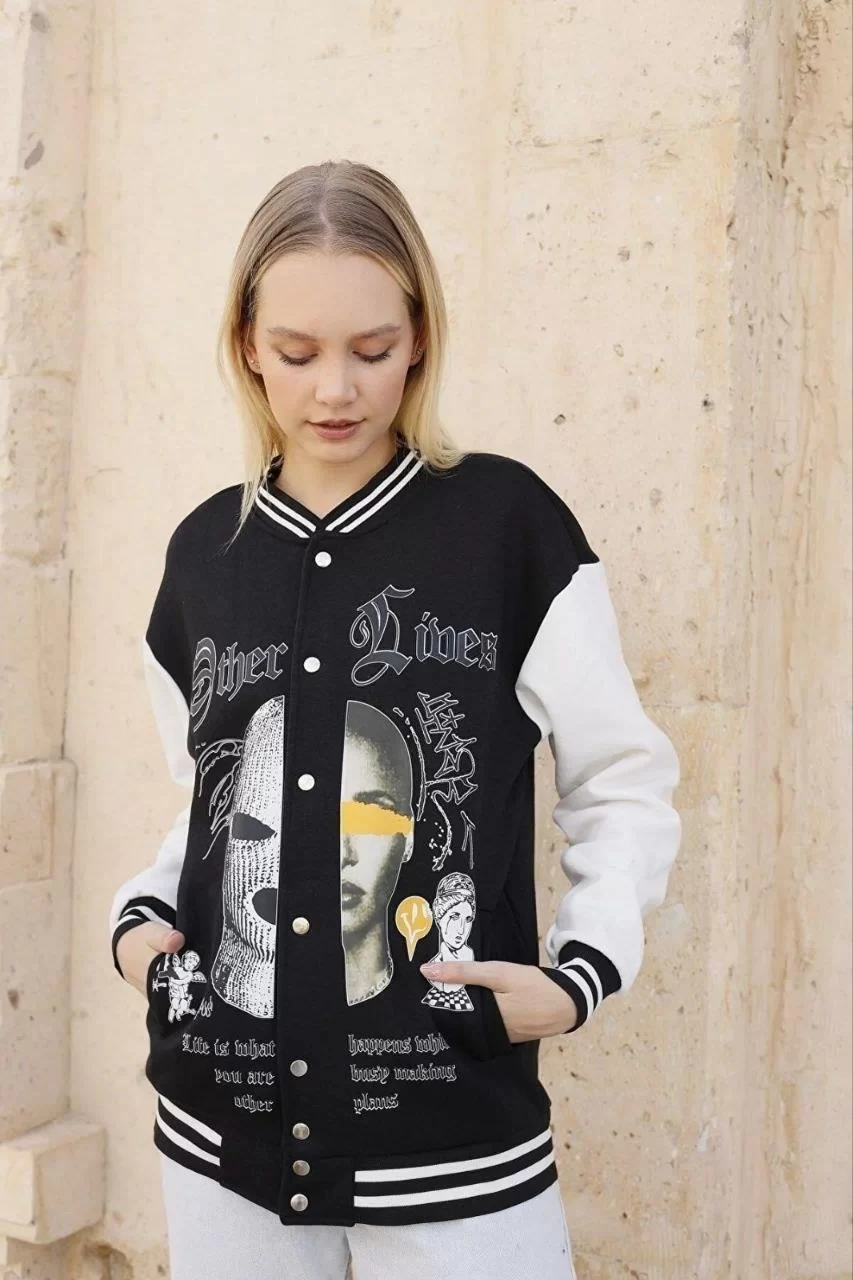 Kadın Oversize Kolej Tarzı Sweatshirt – 3 İplik İçi Pamuklu, Baskılı, Rahat Günlük Ceket - Siyah