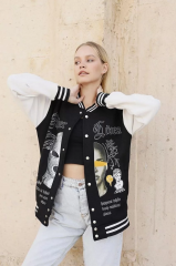 Kadın Oversize Kolej Tarzı Sweatshirt – 3 İplik İçi Pamuklu, Baskılı, Rahat Günlük Ceket - Siyah