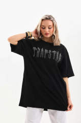 Unisex Taş Desenli Oversize T-Shirt - Siyah
