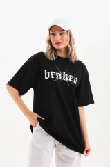 Unisex Baskılı Oversize T-Shirt - Siyah