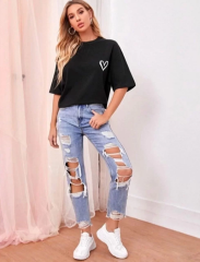 Kadın Bisiklet Yaka Baskılı Oversize T-Shirt - Siyah