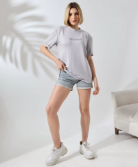 Unisex Bisiklet Yaka Baskılı Slim Fit T-Shirt - Boyalı Gri