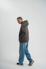 Unisex Uzun Kol Kapşonlu Yıkamalı Nakışlı SweatShirt - Füme