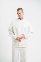 Unisex Uzun Kol Bisiklet Yaka Yıkamalı SweatShirt - Beyaz