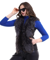 Kadın Fermuarlı Koyun Derisi Tilki Kürkü - Siyah