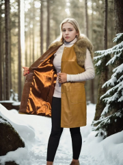 Kadın Kolsuz Hakiki Deri Kürk - Hardal