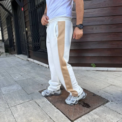 Erkek Üç İplik Kışlık Pamuklu Yandan Garneli Kalın Bej Şeritli Cepli Eşofman Altı - Beyaz