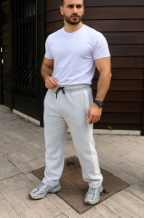 Erkek Üç İplik Kışlık Pamuklu Yandan Garneli Kalın Bej Şeritli Cepli Eşofman Altı - Gri