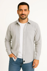 Erkek Fitilli Kadife Cepli Gömlek Oversize Rahat Kalıp - Gri