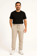 Erkek Diagonel Mikro dokulu Cepli Pantolon - Bej