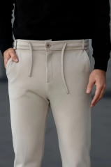 Erkek Diagonel Mikro dokulu Cepli Pantolon - Bej