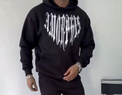 Uzun Kol Kapüşonlu Baskılı SweatShirt - Siyah