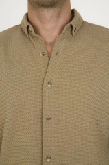 Düğmeli Tam Kalıp Uzun Kol Jakar Gömlek - Kahverengi