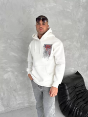 Uzun Kol Kapüşonlu Ön Ve Arka Baskılı SweatShirt - Beyaz