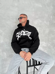 Unisex Üç İplik Kapüşonlu Baskılı SweatShirt - Siyah